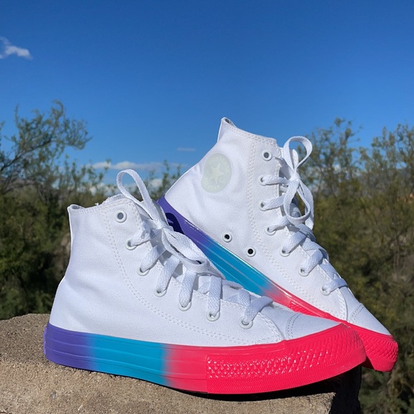 New White & Two-Tone Neon Pink & Turquoise Converse Hi Top Sneakers - Picture 6 of 13